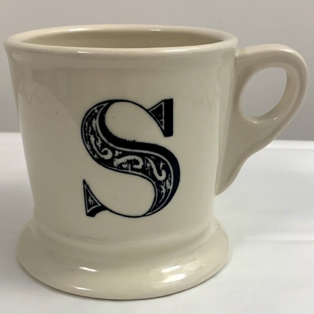 ANTHROPOLOGIE Initial Monogram 'S' Ceramic Coffee Mug Tea Cup off white black